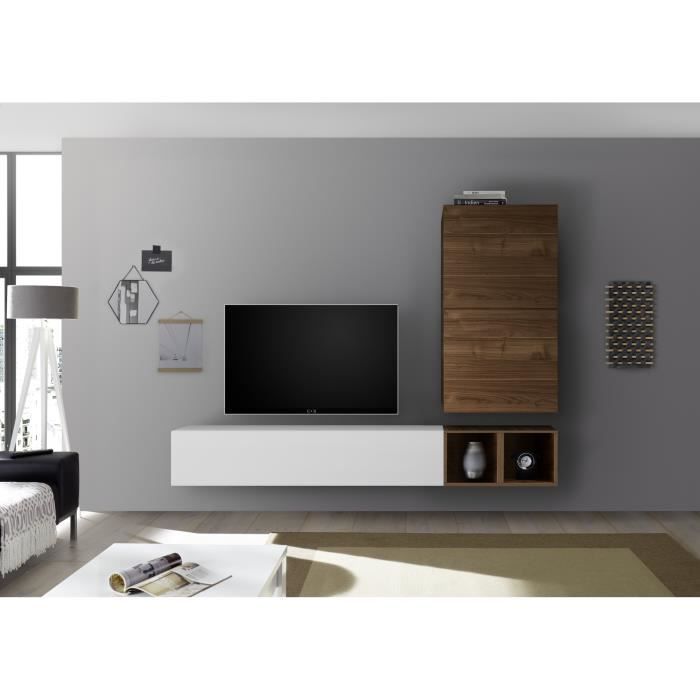 Meuble TV Mural - Décor Noyer foncé et Blanc Laqué - L 193 x P 30 x H 170 cm - Foggia