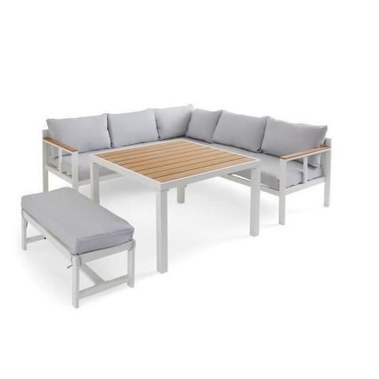 BOCARNEA Salon de jardin YUZU DINING en aluminium - Avec table haute - 7 places - Coussins gris perle