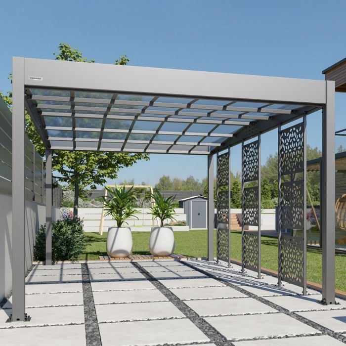 Carport métal 16,60 m² gris anthracite et 3 panneaux de 3 tôles perforés brises vues en acier LIBECCIO 3 TRIGANO
