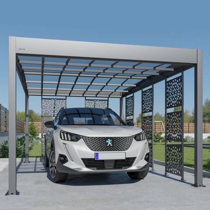 Carport métal 16,60 m² gris anthracite et 5 panneaux de 3 tôles perforés brises vues en acier LIBECCIO 5 TRIGANO