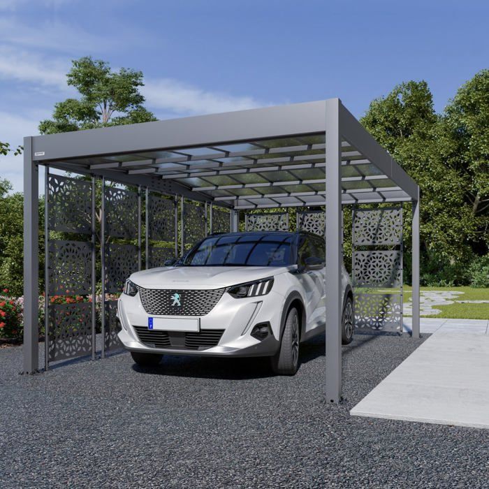 Carport métal 16,60 m² gris anthracite et 8 panneaux de 3 tôles perforés brises vues en acier LIBECCIO 8 TRIGANO