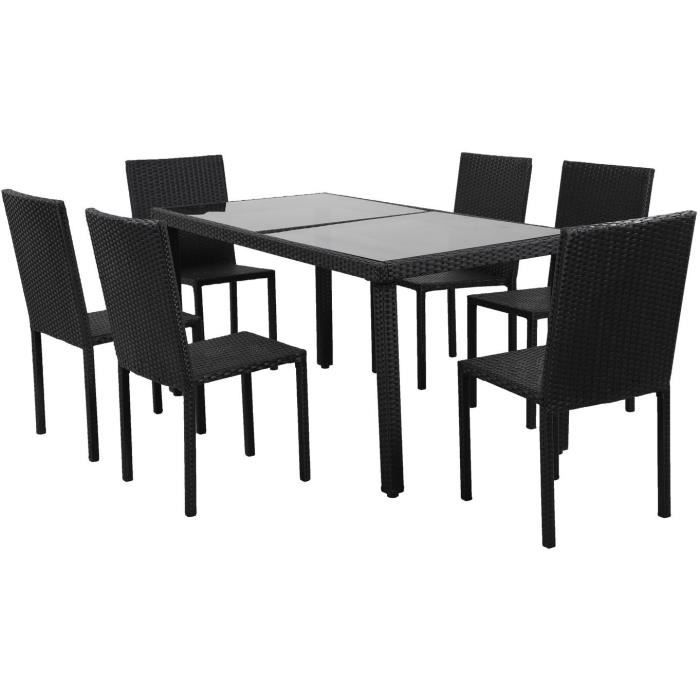Ensemble repas de jardin 6 personnes - table 160x80cm avec plateau verre trempé et 6 chaises en résine tressée - Noir - TABLECHAIR2