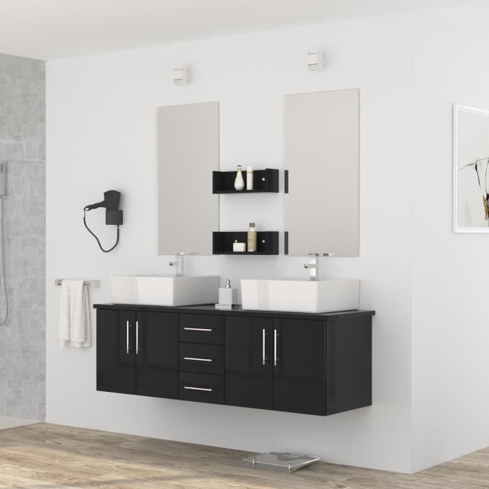 DIVA Ensemble salle de bain double vasque avec miroir L 150 cm - Noir laqué brillant