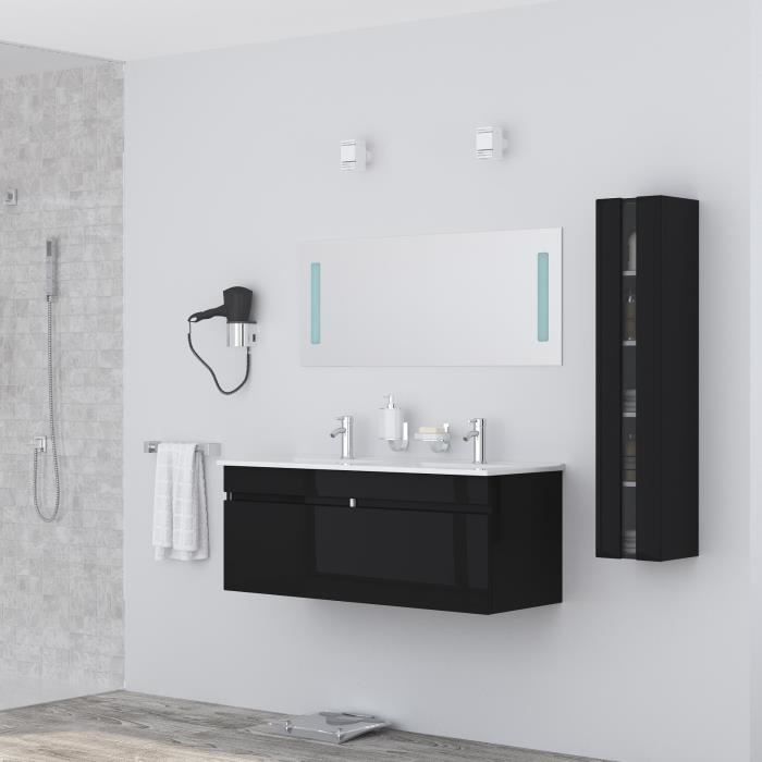 ALBAN Ensemble salle de bain double vasque avec miroir L 120 cm - Noir laqué brillant