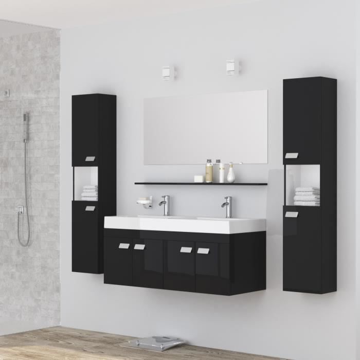 ALPOS Ensemble salle de bain double vasque avec miroir L 120 cm - Laqué noir brillant
