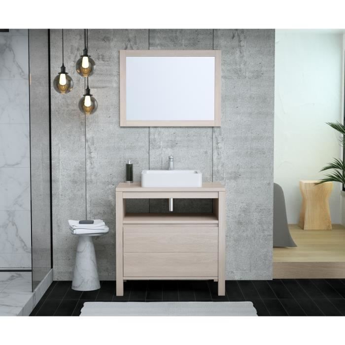 Salle de bain complète L 80 cm 1 tiroir + Miroir LED - Décor chêne blanchis - Vasque non incluse - L