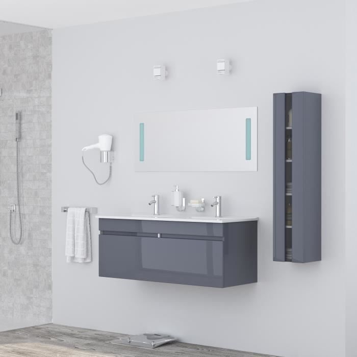 ALBAN Ensemble salle de bain double vasque avec miroir L 120 cm - Gris laqué brillant