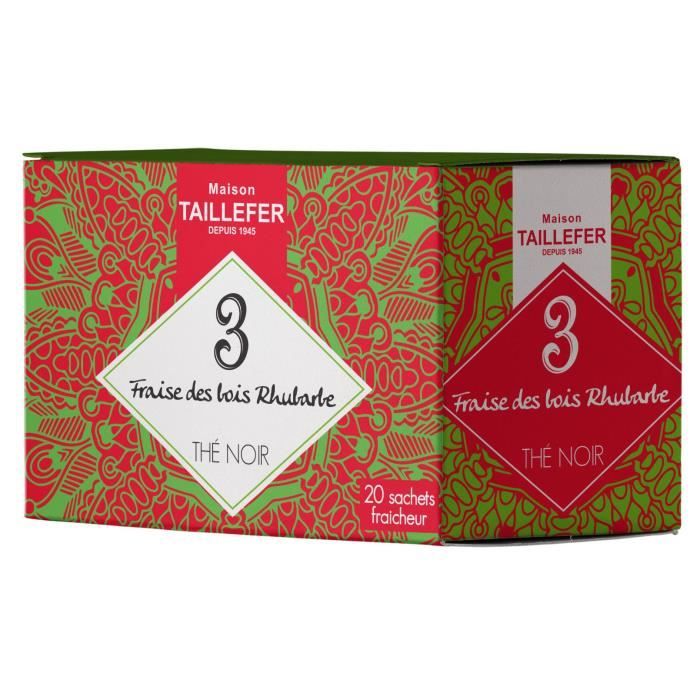 MAISON TAILLEFER Thé Noir Fraise Des Bois, Rhubarbe en Boite de 20 Sachets Individuels