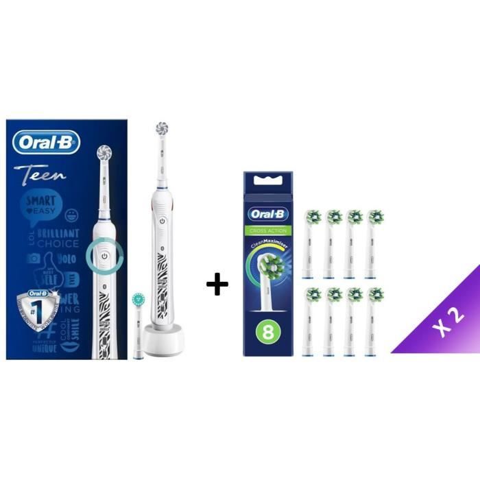 Oral-B Teen White Brosse à Dents Électrique Rechargeable - Brossettes Cross Action x8 Clean Max