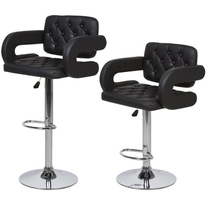 Lot de 2 tabourets de bar ajustables avec accoudoir - Simili Noir - Pieds métal chromé - L 51 x P 57 x H 66,5 cm - VIVI
