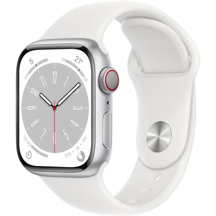 Apple Watch Series 8 GPS + Cellular - 41mm - Boîtier Silver Aluminium - Bracelet White Sport Band - Regular