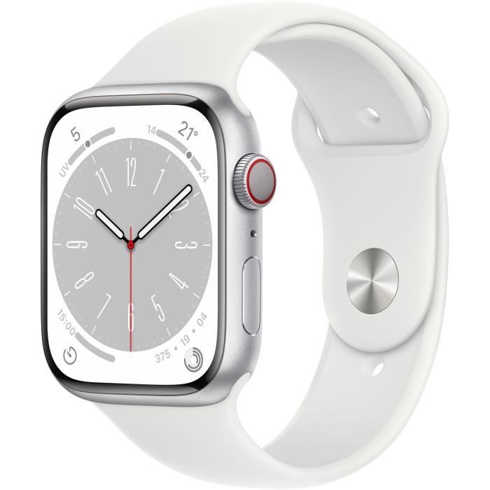 Apple Watch Series 8 GPS + Cellular - 45mm - Boîtier Silver Aluminium - Bracelet White Sport Band - Regular