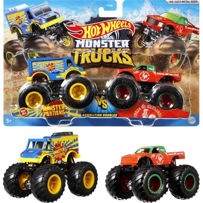 HOT WHEELS Monster Trucks Méga Roues et Méga Amortisseurs - Double Démolition - 2 Véhicules Échelle 1:64 (modèles aléatoires)