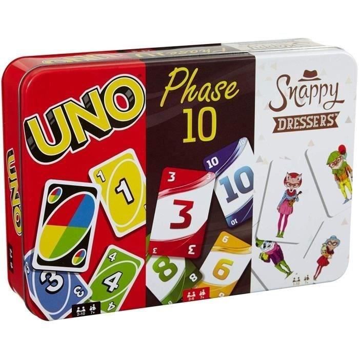 MATTEL GAMES - Coffret Multicartes - 3 Jeux de Cartes Famille : Uno, Phase 10 et les Animaux en Fête - 7 ans et +
