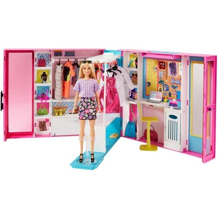 BARBIE Le Dressing Deluxe 60 cm - 10 espaces de rangement, 4 habillages complets + de 25 accessoires et 1 poupée Barbie