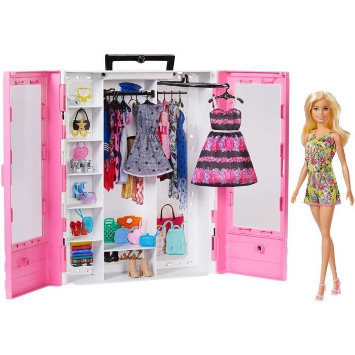 Barbie Fashionistas Le Dressing de Rêve rose et poupée blonde, fourni avec cintres et plus de 15 accessoires, jouet pour enfant, -