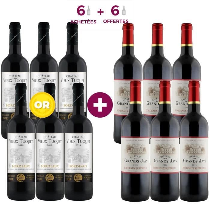 6 Château Vieux Tuquet 2018 Bordeaux ACHETEES + 6 Château Grand Jay 2016 Bordeaux Supérieur OFFERTES - Vin rouge de Bordeaux