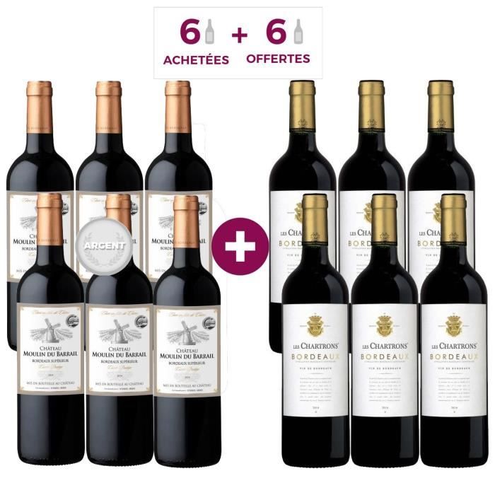6 Château Moulin du Barrail 2014 Bordeaux Supérieur ACHETEES + 6 Les Chartrons 2016 Bordeaux OFFERTES - Vin rouge de Bordeaux