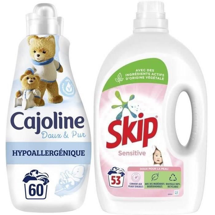 Lot soin du linge : SKIP Lessive liquide Sensitive x53 lavages et CAJOLINE Adoucissant Doux & Pur x60 lavages
