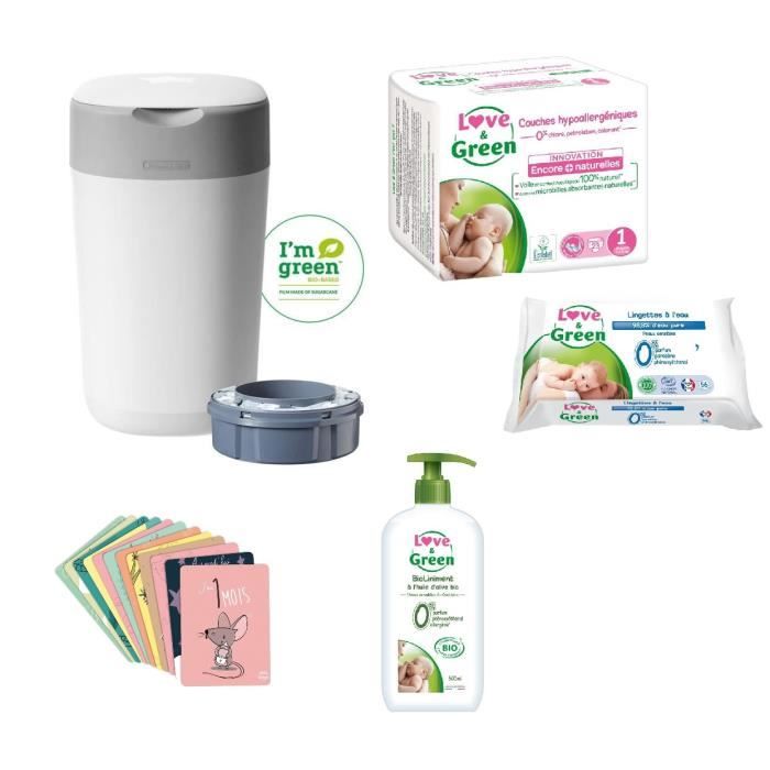 TOMMEE TIPPEE, LOVE & GREEN Lot poubelle à couches twist & click + Kit naissance