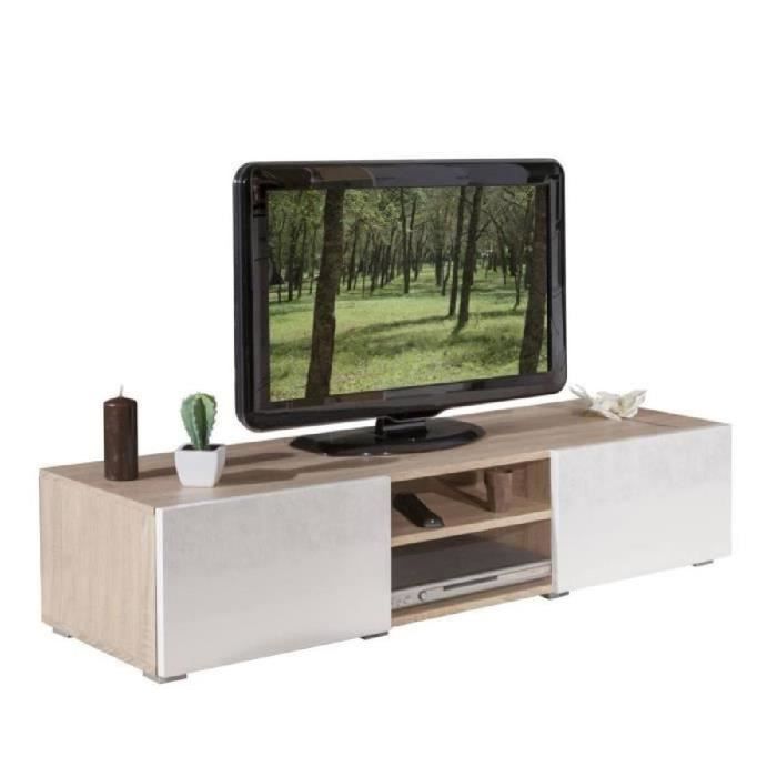 LIME Meuble TV contemporain blanc laqué et décor chêne - L 140 cm