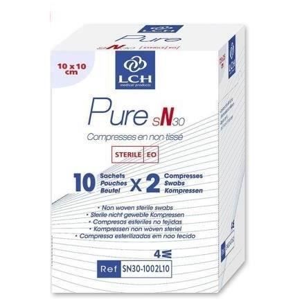 Lot de 60 boites de 20 Compresses PURE Non tissé stérile 30g 10x10 cm - Boite de 10 sachets de 2 compresses