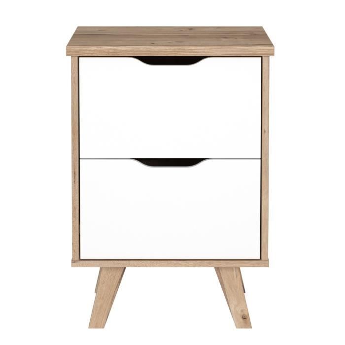 Chevet 2 tiroirs scandinave décor chêne et blanc mat - L 45 - Pieds en massif - VANKKA