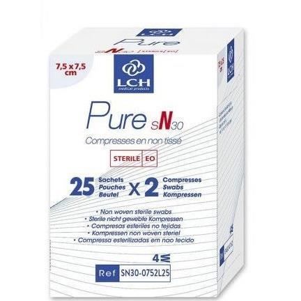 Lot de 40 boites de 50 Compresses PURE Non tissé stérile 30g 7,5x7,5 cm - Boite de 25 sachets de 2 compresses