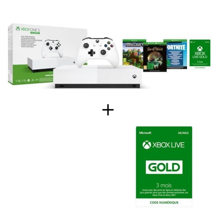 Xbox One S All Digital + 3 jeux dématérialisés : Fortnite, Sea of Thieves et Minecraft + Abonnement Xbox Live 3 mois à télécharger