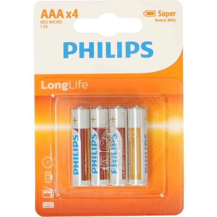 PHILIPS Piles R03 / AAA Longlife - 1,5 V - Pack de 4