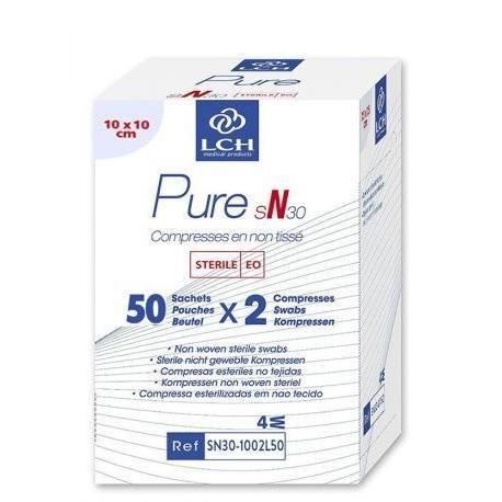 Lot de 18 boites de 100 Compresses PURE Non tissé stérile 30g 10x10 cm - Boite de 50 sachets de 2 compresses