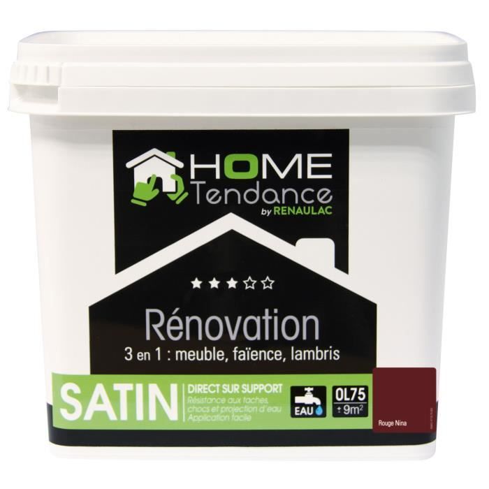 Peinture rénovation multi-supports 3 en 1 0,75 L rouge nina satiné - Meuble / Carrelage / Lambris - HOME TENDANCE by Renaulac