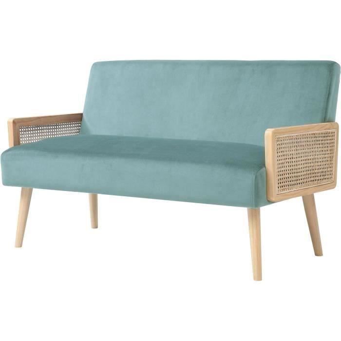 ARCHI Banquette 2 places Cannage + Finition nid d'abeille - Velours Bleu - L 123 x P 72 x H 75 cm