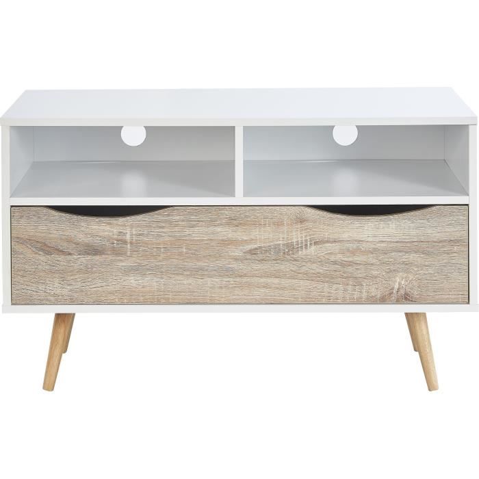 BELA Meuble TV scandinave blanc et décor chêne mat + pieds en bois massif - L 90 cm