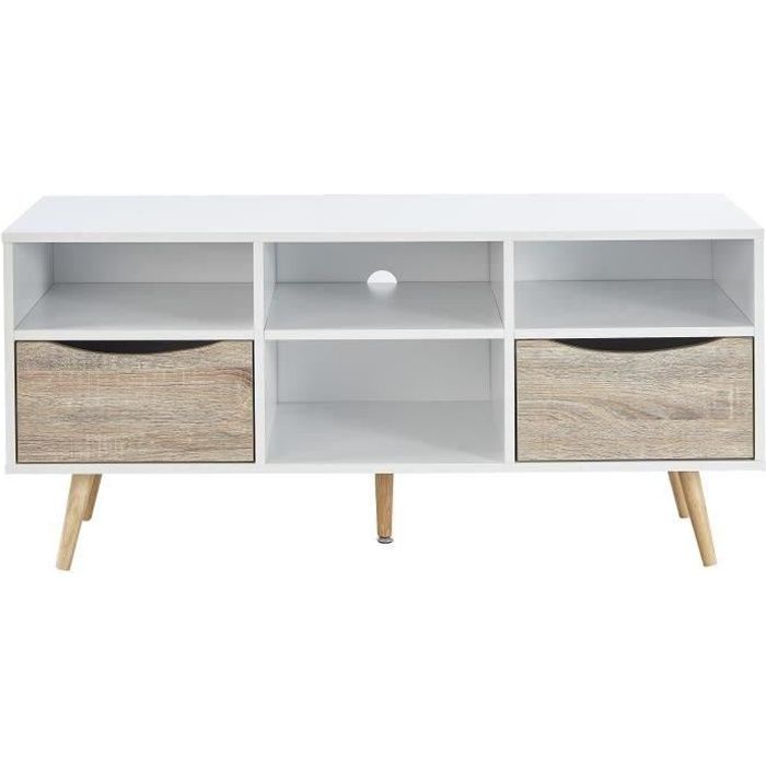BELA Meuble TV scandinave blanc et décor chêne mat + pieds en bois hévéa - L 116 cm