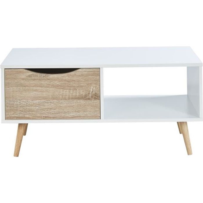 BELA Table basse scandinave blanc et décor chêne - L 90 cm