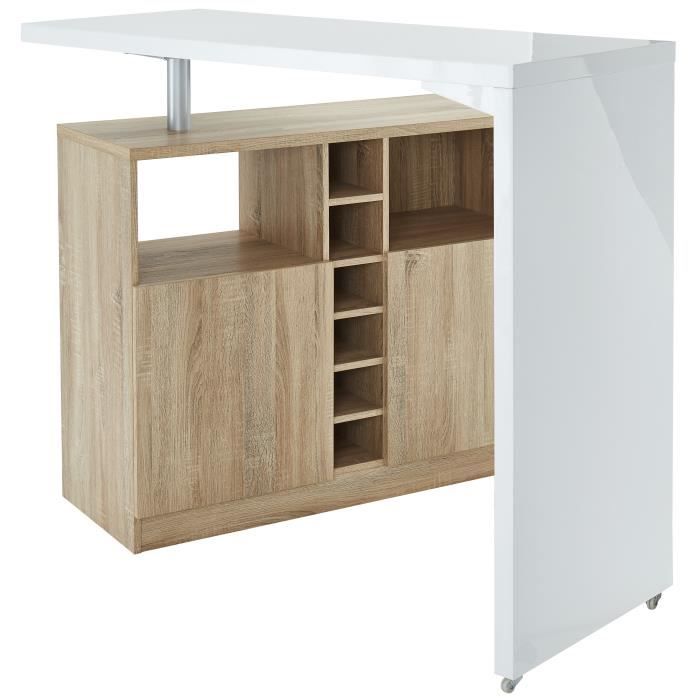 POLY Table bar style contemporain blanc laqué brillant et décor chêne - L 126 x l 52 cm