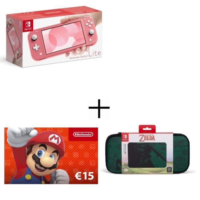 Pack Switch Lite Corail + Carte Cadeau 15€ + Housse de Transport Zelda