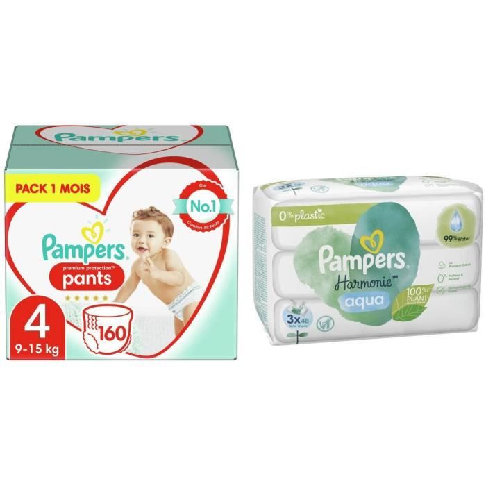 PAMPERS Premium Protection Pants Taille 4 9-15kg 160 Couches-culottes Pack 1 Mois + Harmonie Aqua 144 Lingettes