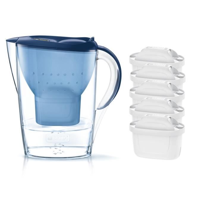 Pack BRITA Carafe filtrante MARELLA Bleu + 5 Cartouches de rechange