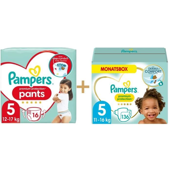 PAMPERS Premium Protection T5 11-16kg - 136 Couches, Pack 1 Mois+PAMPERS Premium Protection Pants T5 - 16 Couches-culottes