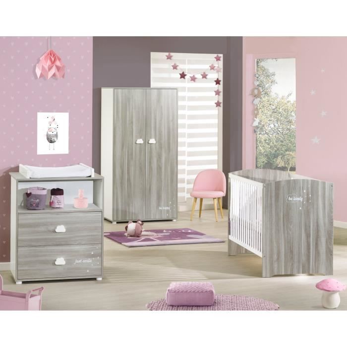 BABYPRICE Chambre complète Smile chêne Silex : Lit 60*120 cm + Commode à langer + Armoire