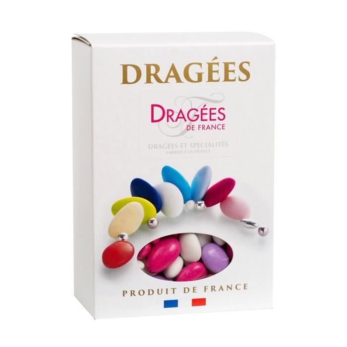 DRAGEES DE FRANCE Dragées Amande Belle de Nuit 40% - Couleurs : blanc, parme et fuchsia - Boîte 1 kg