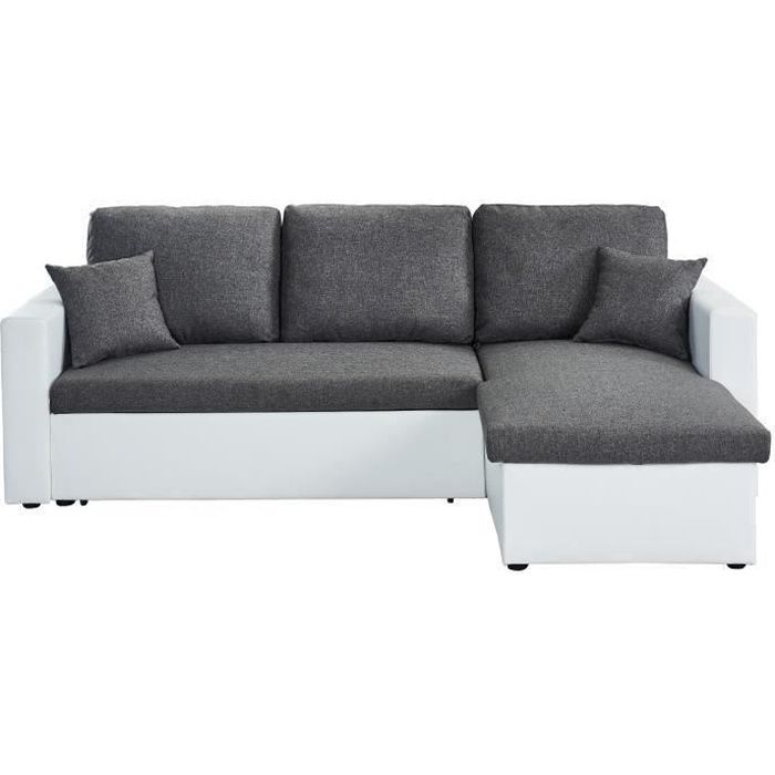 ASPEN Canapé d'angle réversible convertible 3 places + Coffre de rangement - Tissu gris chiné et simili blanc - L 223 x P 150 cm