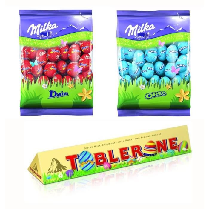 MILKA et TOBLERONE Chocolats de Pâques - Lot d'1 Barre de chocolat au Lait 360g et de 2 sachets Petit Œufs Oreo et Daim 350g