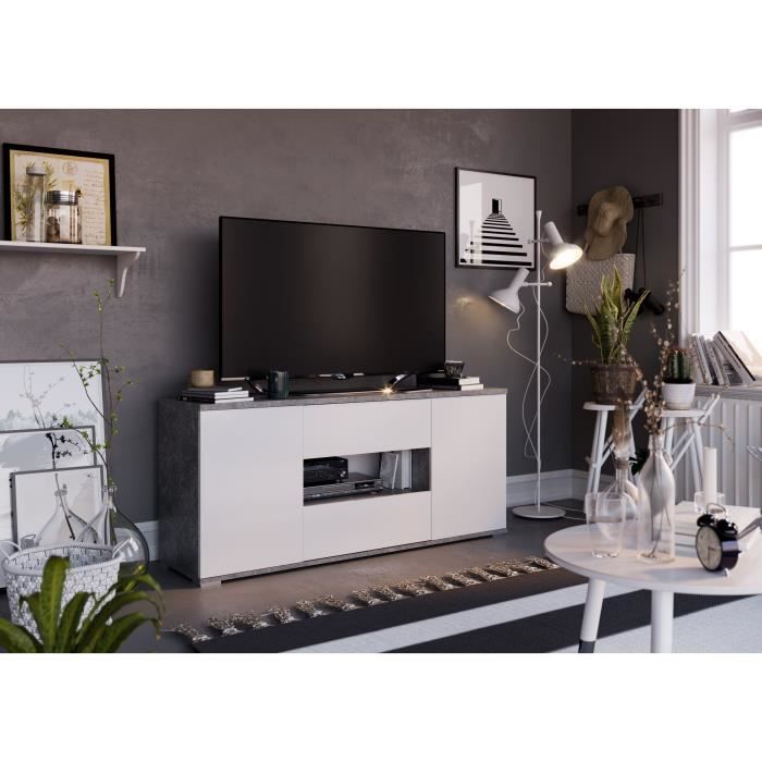 STAR Meuble TV 2 portes 2 tiroirs - Décor béton et blanc - L 150 x P 42 x H 67 cm