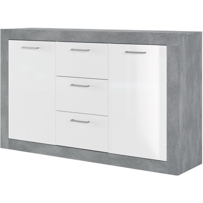 STONE Buffet 2 portes 3 tiroirs - Décor béton et blanc - L 147 x P 37 x H 89 cm