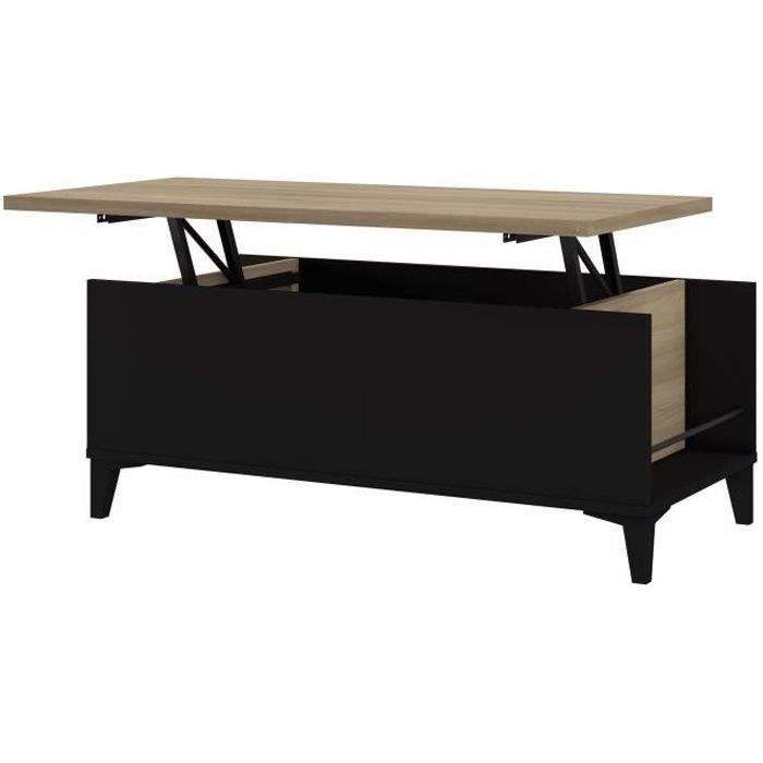 Table Basse avec Plateau Relevable - Noir/Chêne - L 100 x P 50/72 x H 42/55 cm - EVAN
