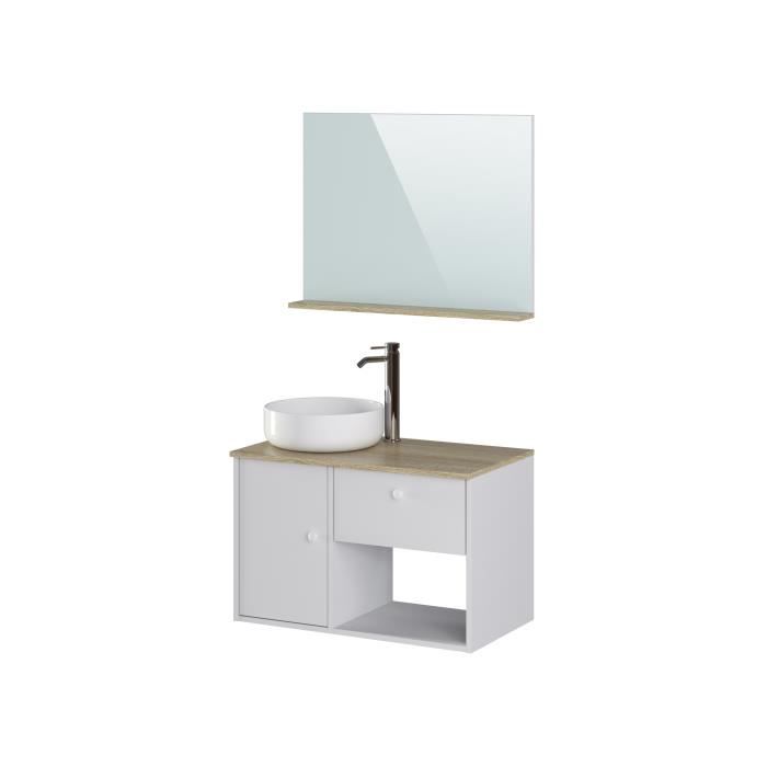 Meuble salle de bain avec vasque + miroir - 1 tiroir 1 portes - Décor chêne et blanc - L 80 x P 46 x