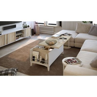 Table basse avec plateau relevable - Blanc/Chêne - L 100 x P 50/72 x H 42/55 cm - EVAN